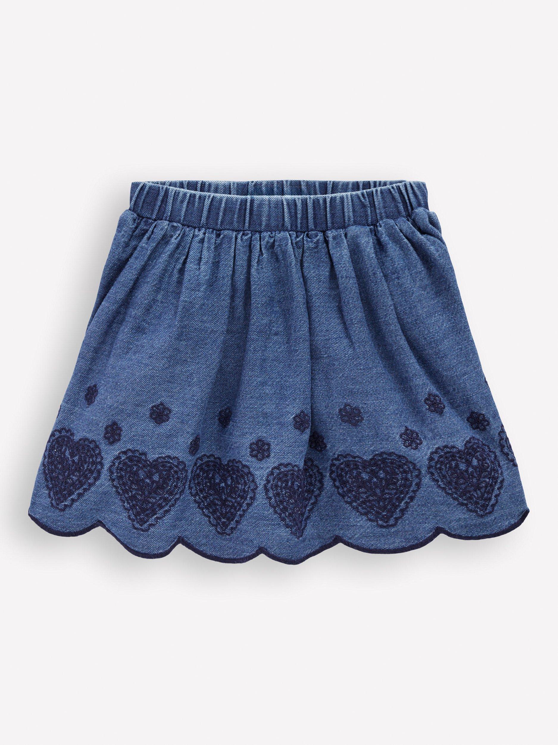 Product image 1 of 3, which shows Mini Boden Kids' Embro Pull On Embroidered Skirt, Chambray, 2-3 years