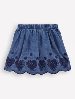 Mini Boden Kids' Embro Pull On Embroidered Skirt, Chambray - view 2, Chambray