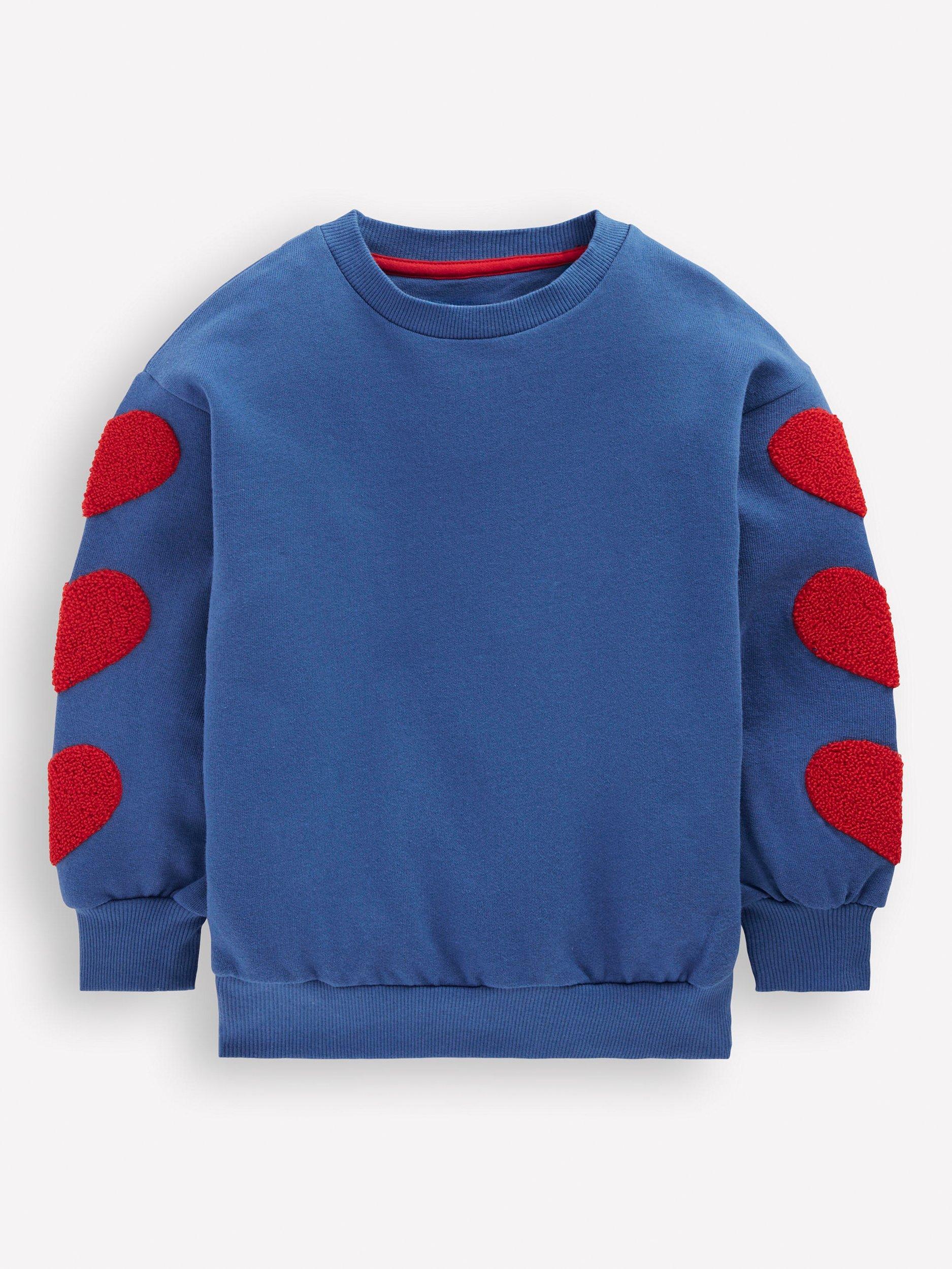 Product image 1 of 3, which shows Mini Boden Kids' Bobbie Cotton Applique Sweatshirt, Bluejay Hearts, 2-3 years