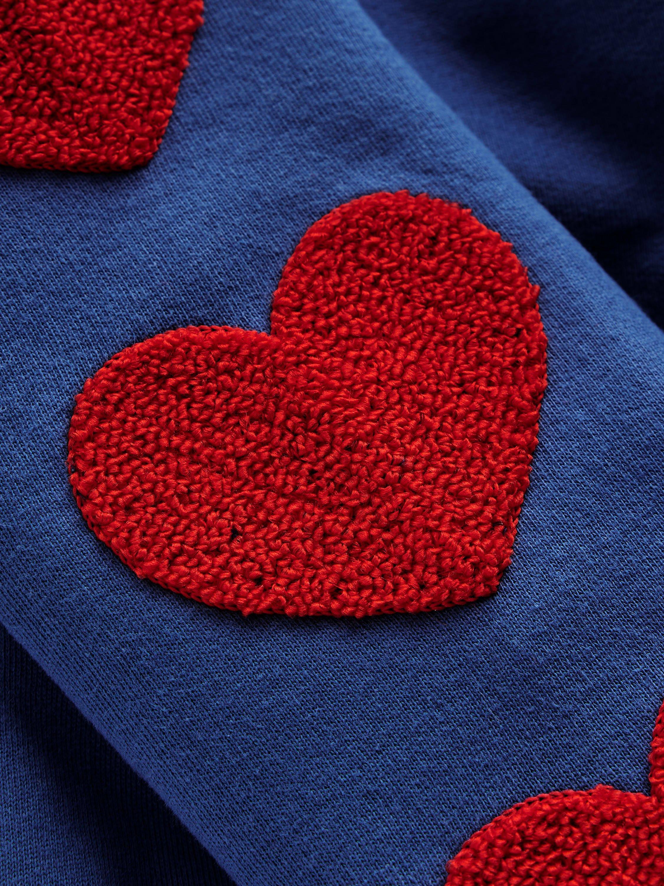 Product image 3 of 3, which shows Mini Boden Kids' Bobbie Cotton Applique Sweatshirt, Bluejay Hearts, 2-3 years