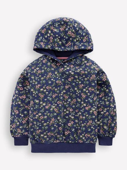Mini Boden Kids' Cotton Hoodie, Blue Meadow Floral, Blue Meadow Floral