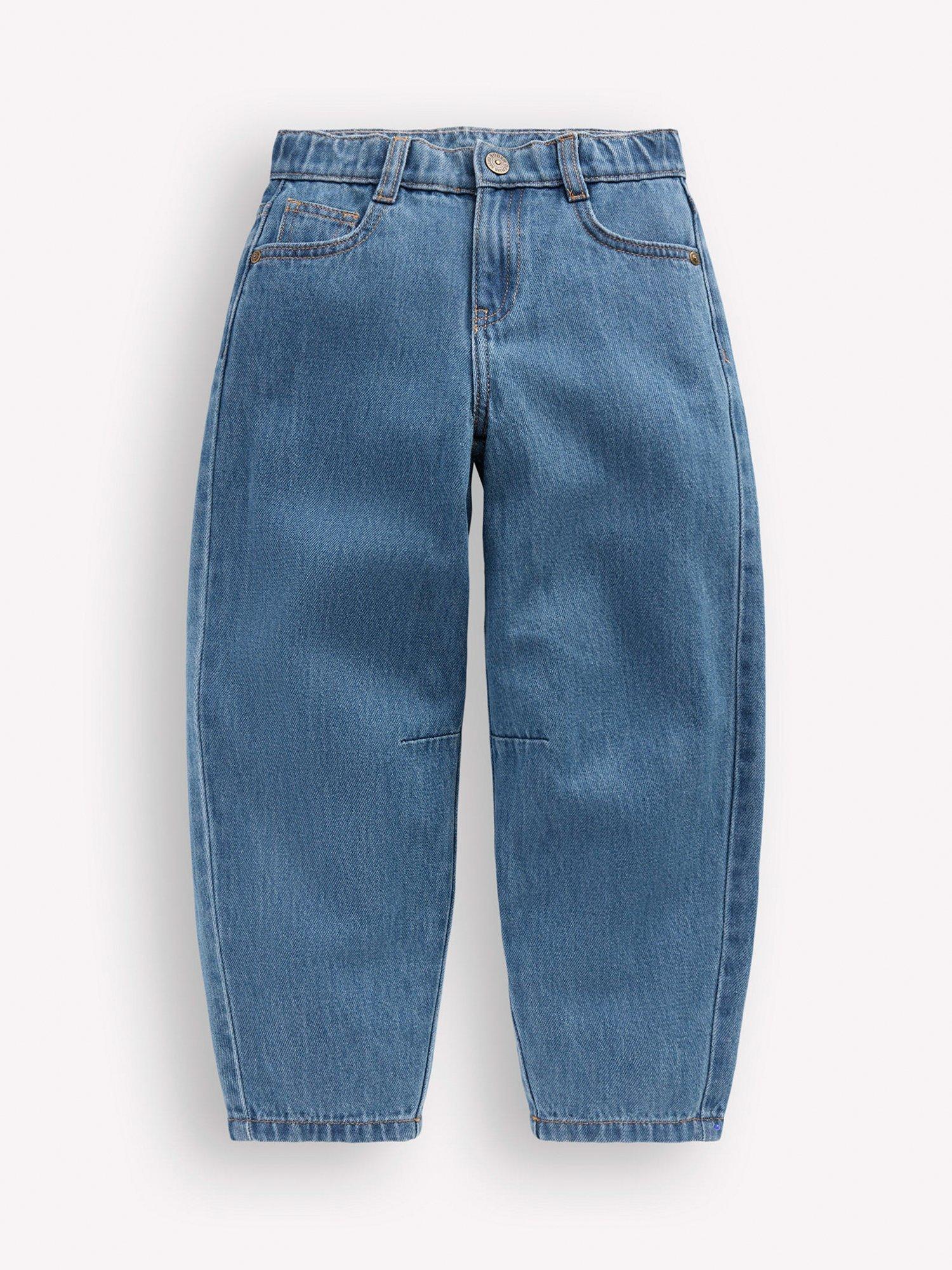 Product image 1 of 4, which shows Mini Boden Kids' Barrel Leg Denim Jeans, Blue, 2-3 years