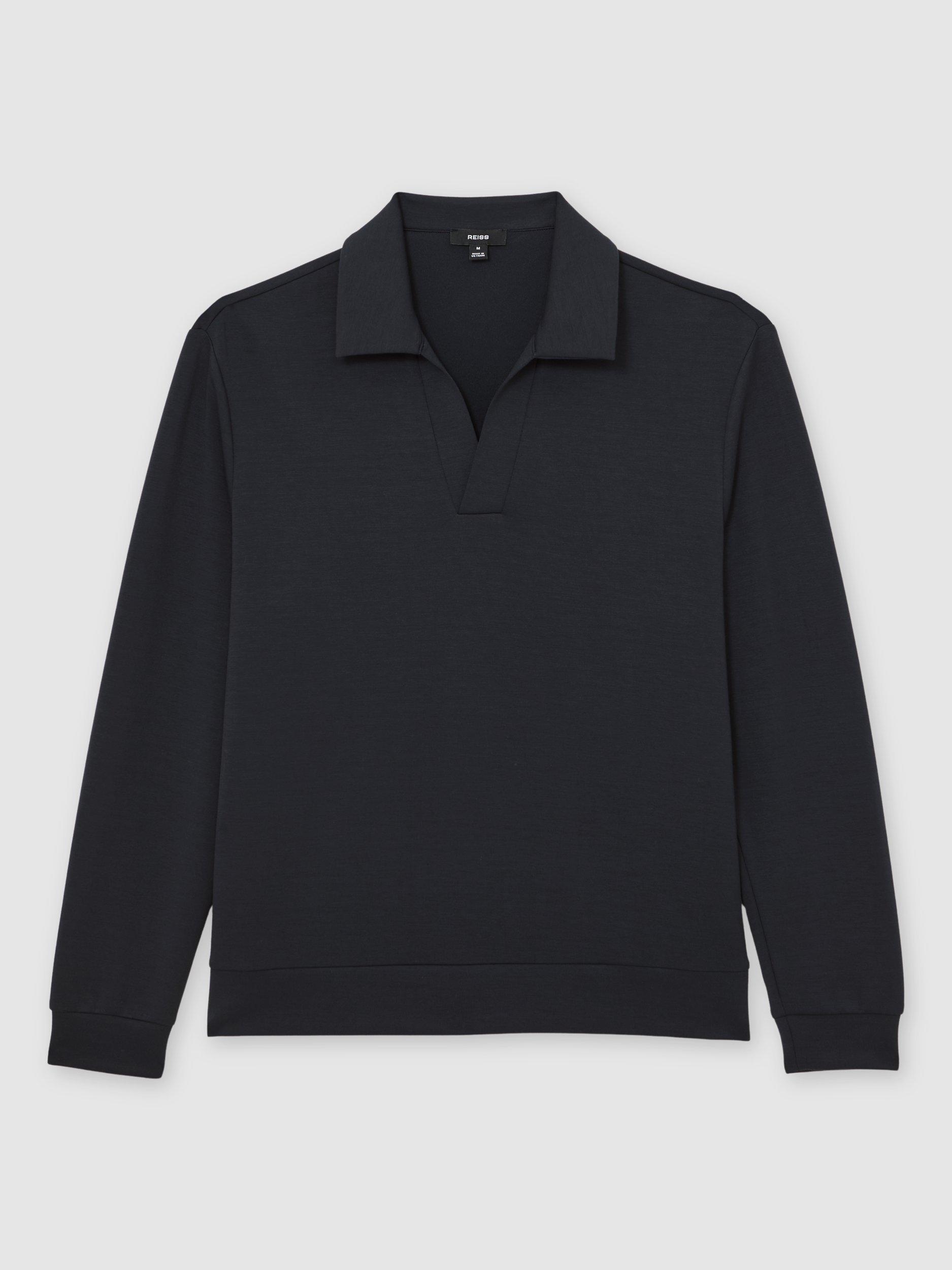 Product image 3 of 5, which shows Reiss Pearson Buttonless Long Sleeve Polo Shirt, Navy Blue, XL