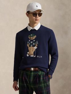 Polo Golf by Ralph Lauren Cotton Blend Golfing Polo Bear Knit Jumper, Refined Navy, Refined Navy
