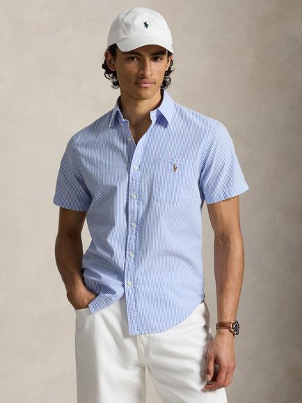 Polo Ralph Lauren Sports Cotton Custom Slim Fit Seersucker Shirt, Blue/White, Blue/White