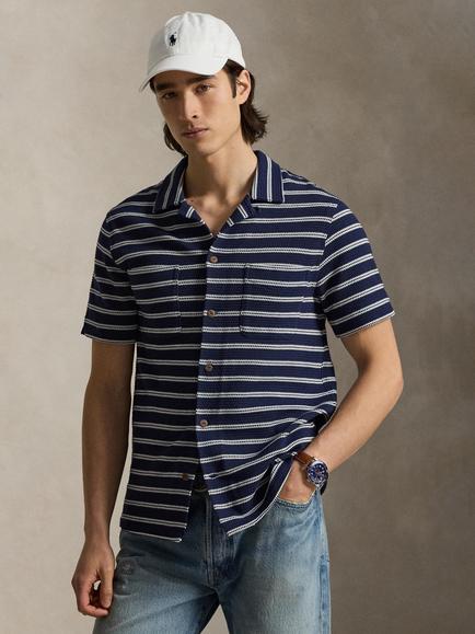 Ralph Lauren Button Through Stripe Short Sleeve Cotton Blend Shirt, Npt Navy/Pale Cream, Npt Navy/Pale Cream
