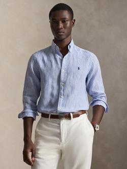 Polo Ralph Lauren Linen Custom Slim Fit Stripe Sport Shirt, Blue/White, 5137a Blue/White