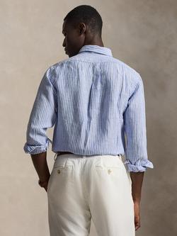 Polo Ralph Lauren Linen Custom Slim Fit Stripe Sport Shirt, Blue/White - view 2, 5137a Blue/White