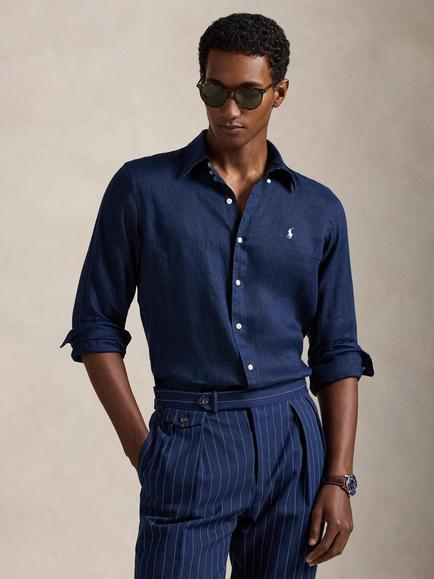 Ralph Lauren Custom Fit Linen Sport Shirt, Newport Navy/White, Npt Navy / White Pp