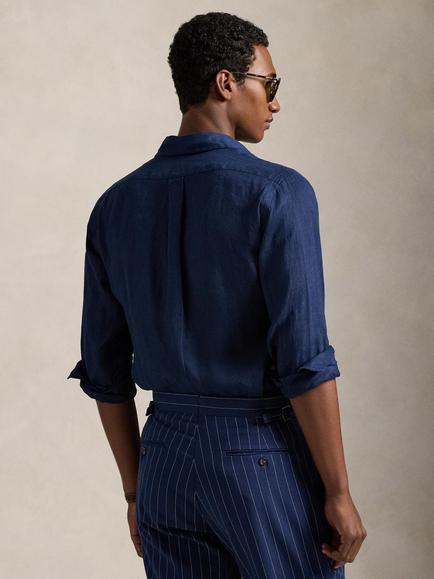 Ralph Lauren Custom Fit Linen Sport Shirt, Newport Navy/White - view 2, Npt Navy / White Pp