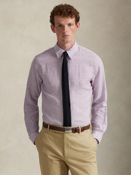 Polo Ralph Lauren Linen Custom Slim Fit Stripe Shirt, Lavender White, 7188d Lavender White