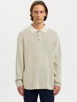 Selected Cotton Blend Regular Fit Long Sleeve Polo Shirt, Egret, Egret