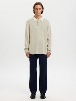 Selected Cotton Blend Regular Fit Long Sleeve Polo Shirt, Egret - view 2, Egret