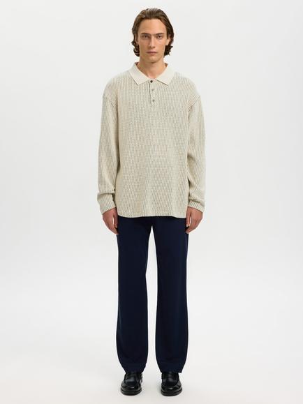 Selected Cotton Blend Regular Fit Long Sleeve Polo Shirt, Egret - view 2, Egret