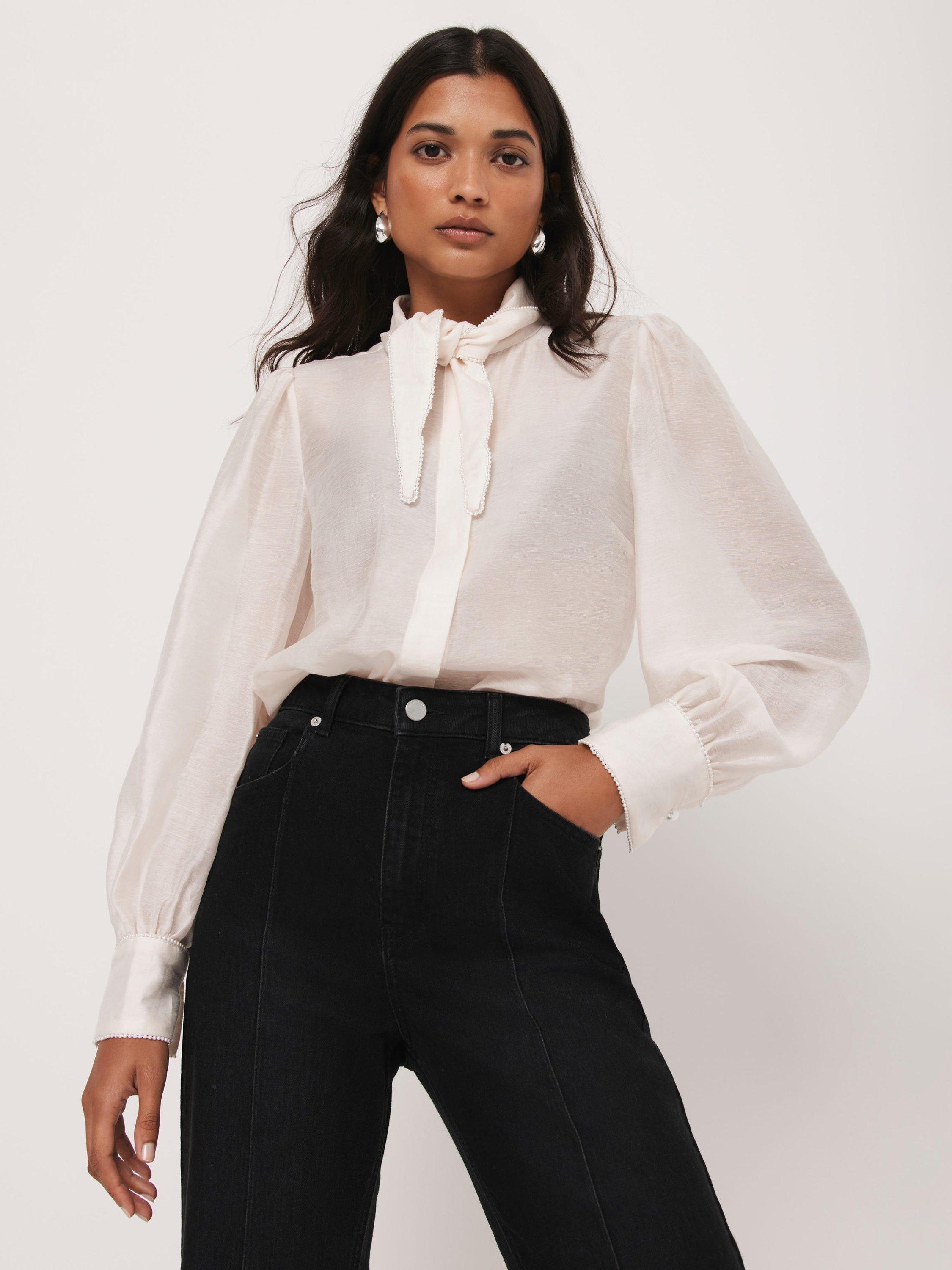 Mint Velvet Pearl Trim Tie Neck Blouse, White Ivory