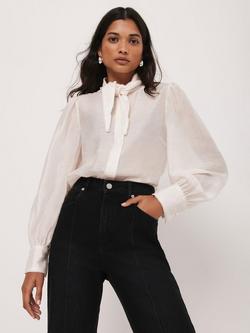 Mint Velvet Pearl Trim Tie Neck Blouse, White Ivory, White Ivory