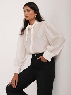 Mint Velvet Pearl Trim Tie Neck Blouse, White Ivory - view 2, White Ivory