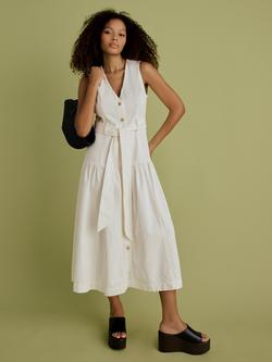 FLORERE Tie Waist Denim Shirt Midi Dress, White, White