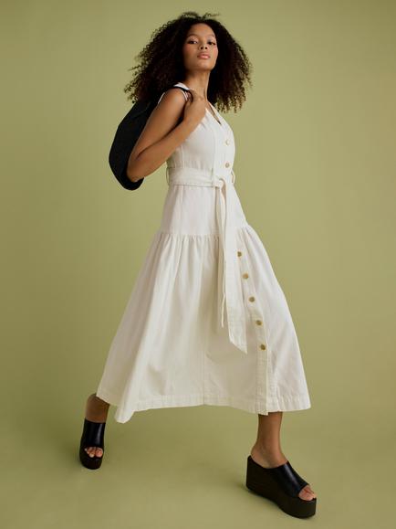 FLORERE Tie Waist Denim Shirt Midi Dress, White - view 2, White