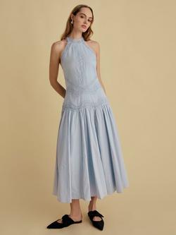 FLORERE High Neck Lace Tape Dress, Light Blue, Light Blue