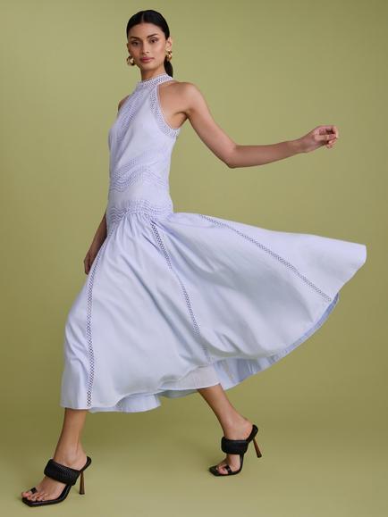 FLORERE High Neck Lace Tape Dress, Light Blue - view 2, Light Blue