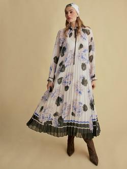 FLORERE Border Print Pleated Dress, White/Multi, White/Multi