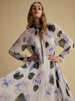 FLORERE Border Print Pleated Dress, White/Multi - view 2, White/Multi