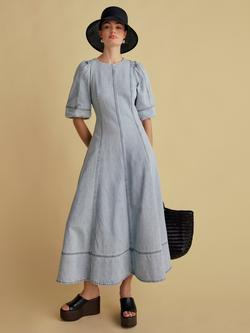 FLORERE Panel Seam Denim Midi Dress, Light Blue, Light Blue