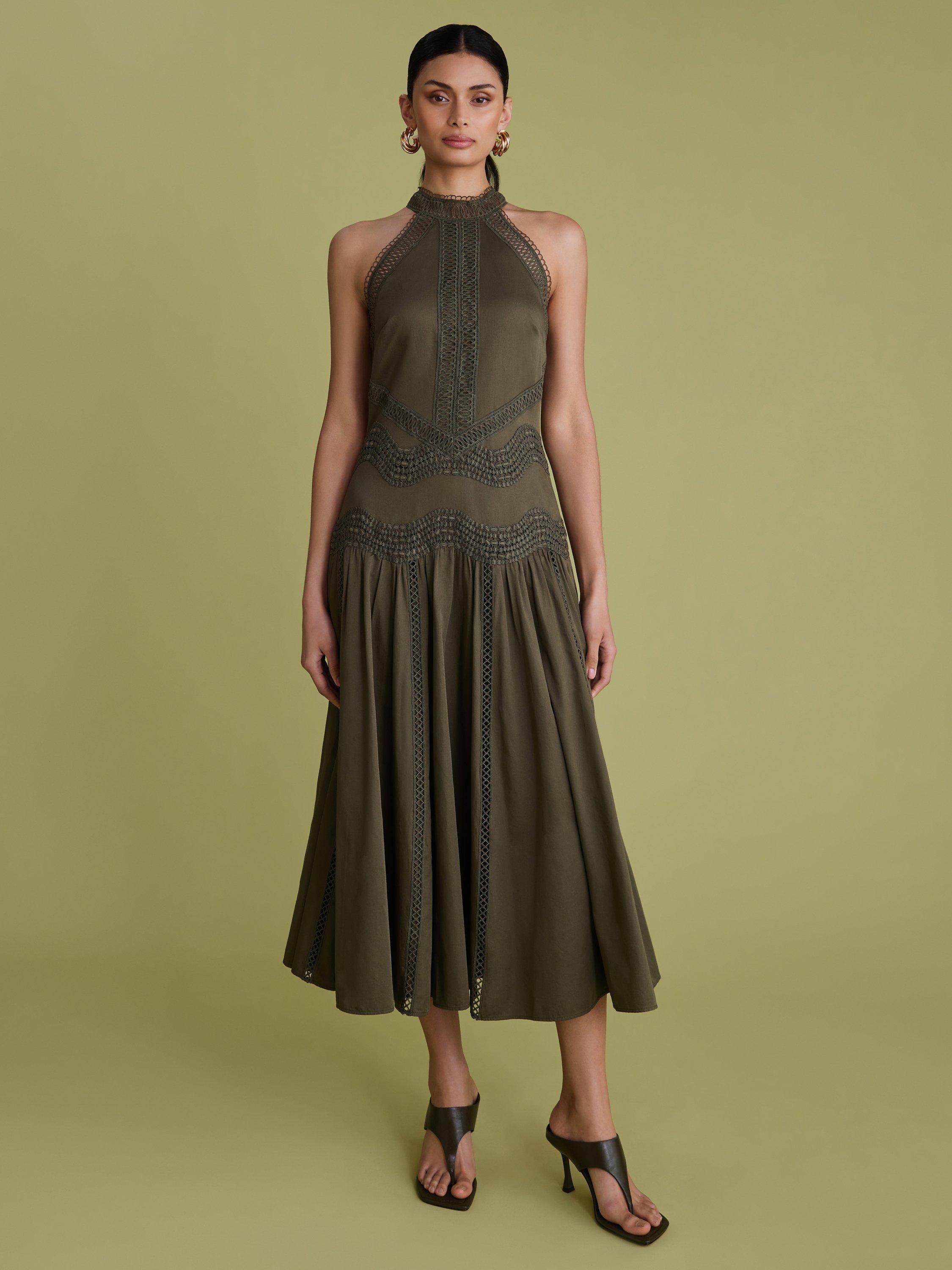 florere green dress FLORERE Knit And Woven Mix Colourblock Midi Dress green and black hybrid –  Florere