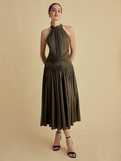 FLORERE High Neck Lace Tape Dress, Khaki, Khaki