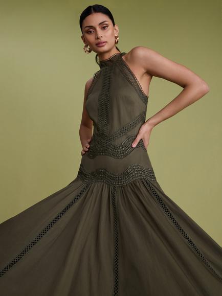 FLORERE High Neck Lace Tape Dress, Khaki - view 2, Khaki