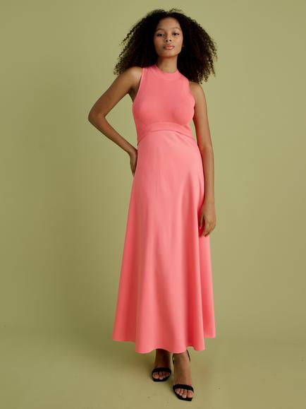 FLORERE Fit & Flare High Neck Midi Dress, Pink, Pink