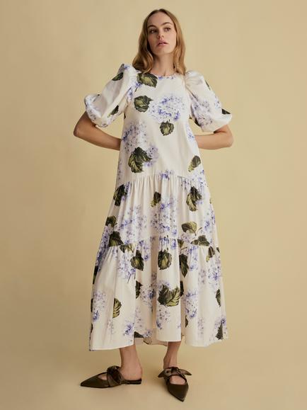 FLORERE Puff Sleeve Midi Dress, White/Multi, White/Multi