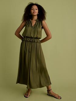 FLORERE Tie Neck Frill Midi Dress, Khaki, Khaki