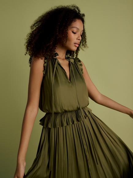 FLORERE Tie Neck Frill Midi Dress, Khaki - view 2, Khaki