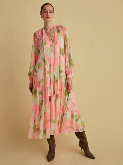 FLORERE Tie Neck Midi Dress, Multi, Multi