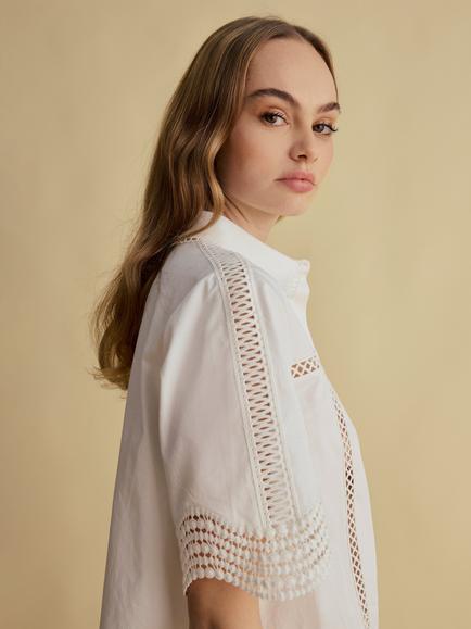 FLORERE Lace Detail Boxy Shirt, White - view 2, White