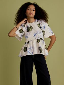 FLORERE Peplum Print Top, White/Multi, White/Multi