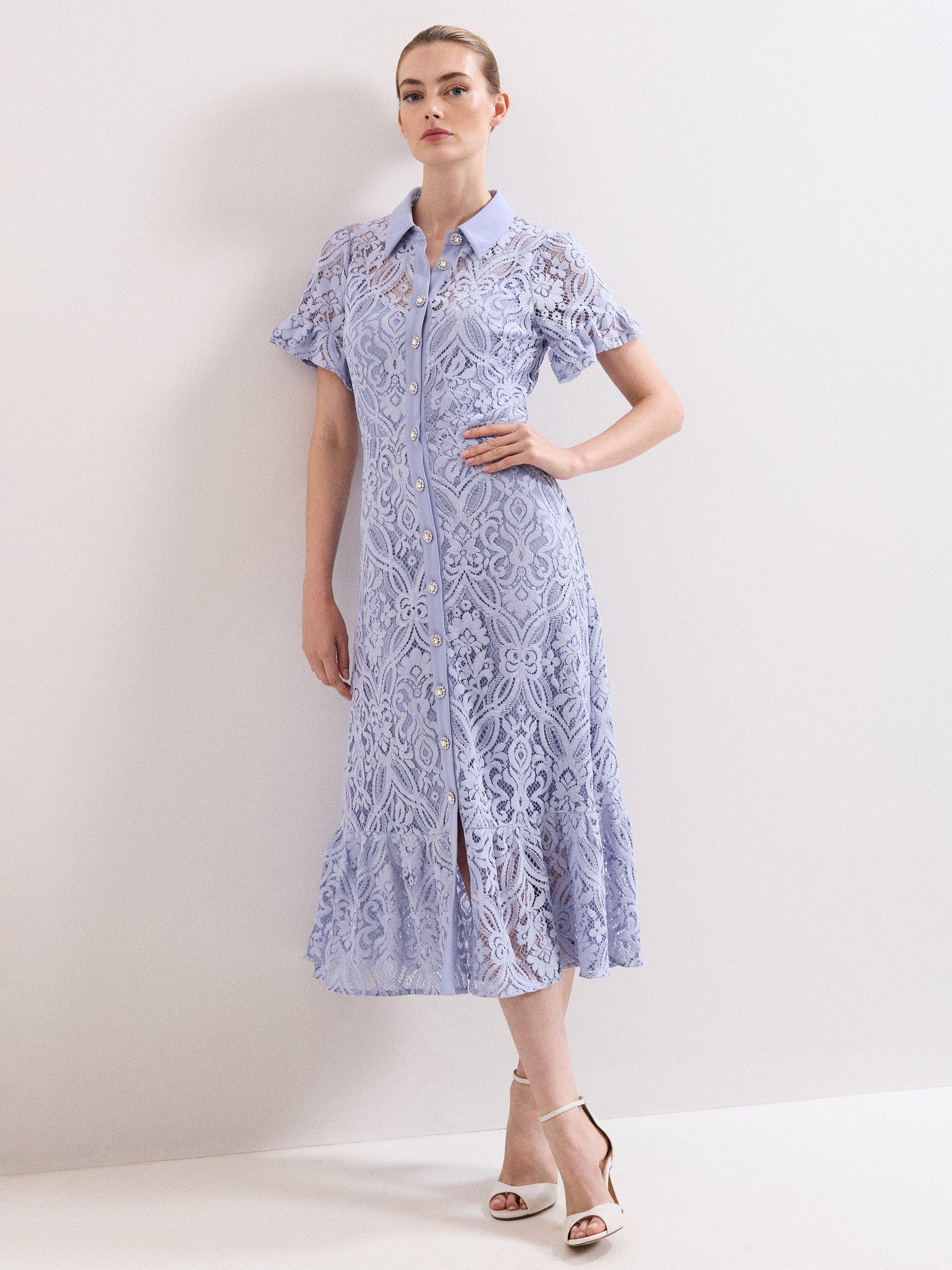 Product image 1 of 8, which shows Phase Eight Carmine Lace Midi Dress, Pale Blue, 10