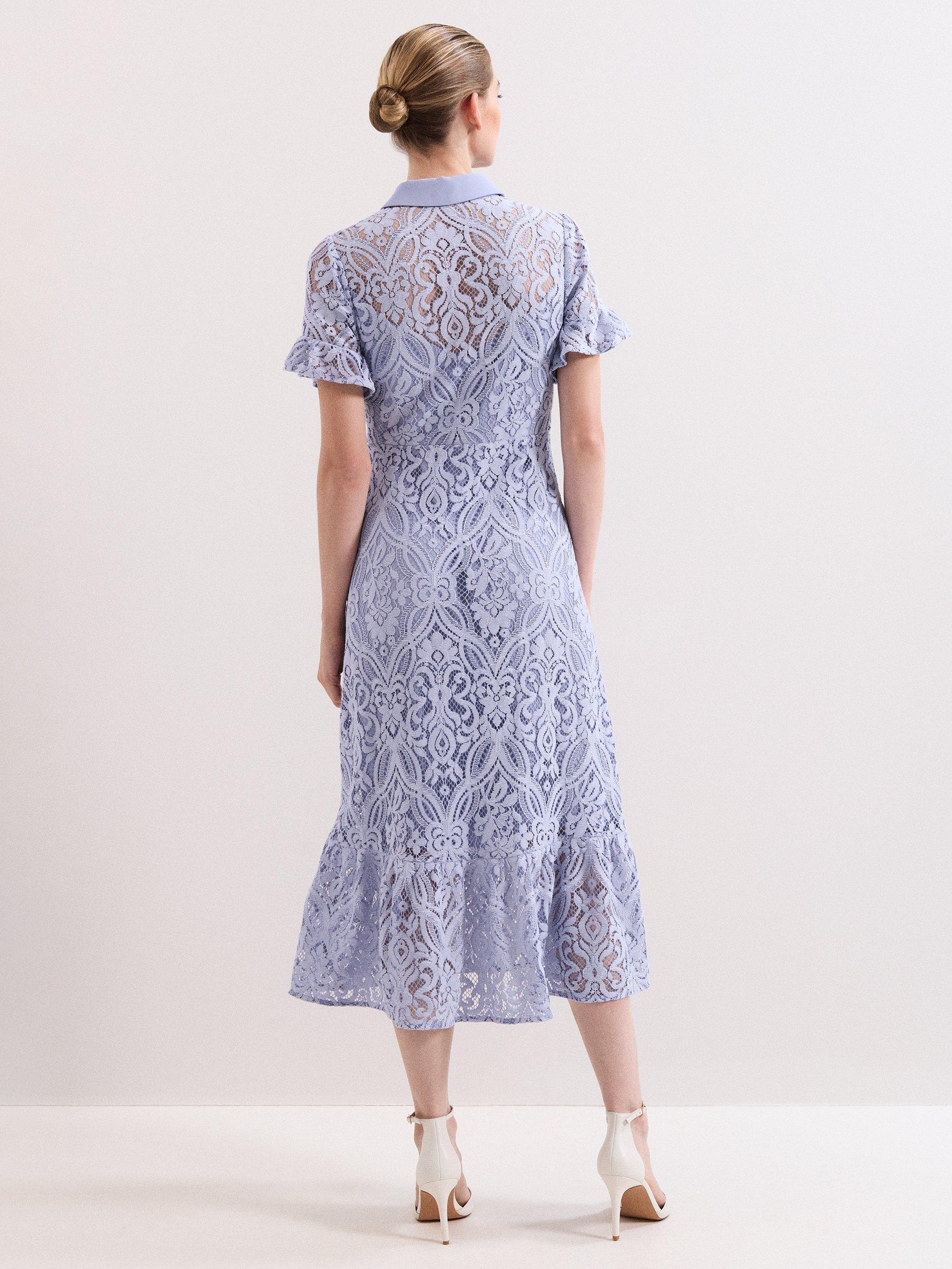 Product image 2 of 8, which shows Phase Eight Carmine Lace Midi Dress, Pale Blue, 10