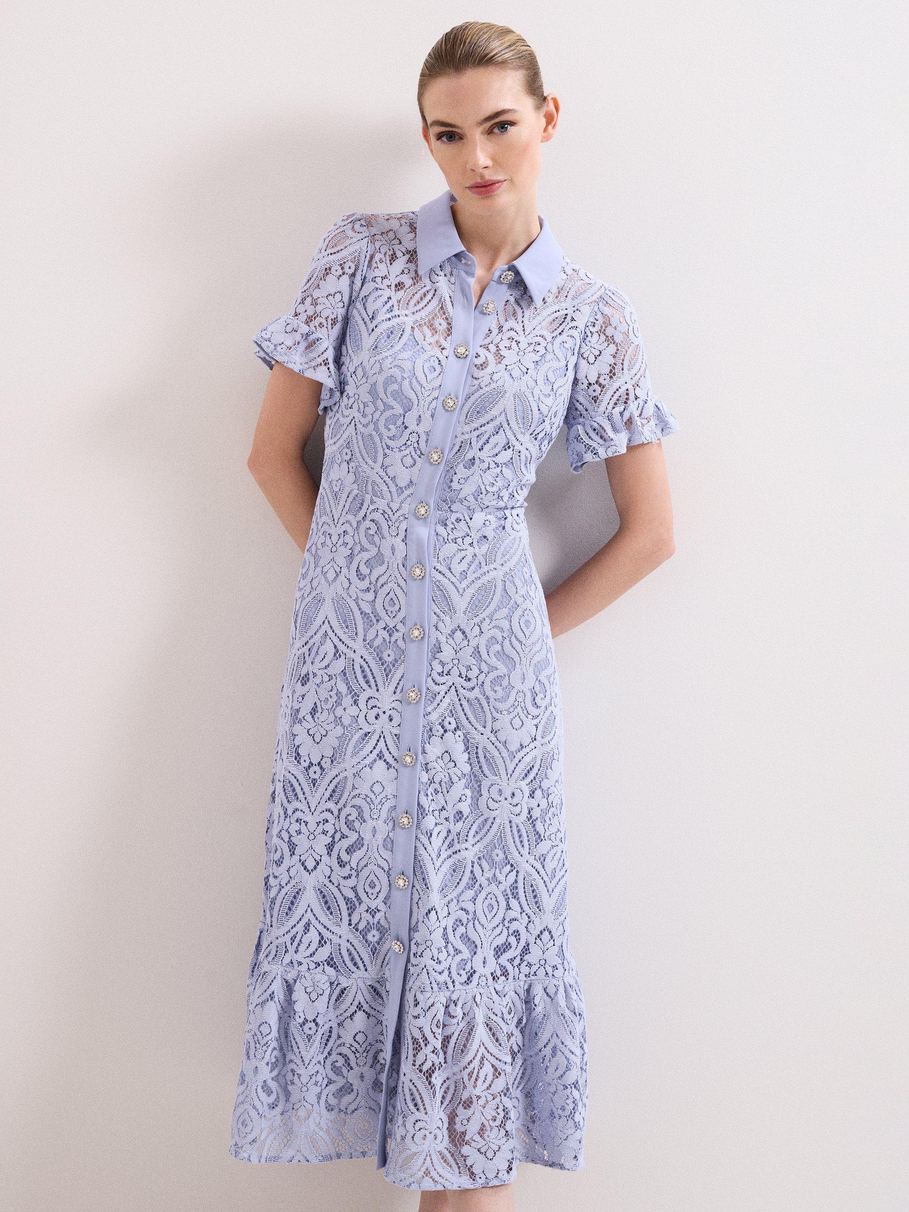 Product image 3 of 8, which shows Phase Eight Carmine Lace Midi Dress, Pale Blue, 10