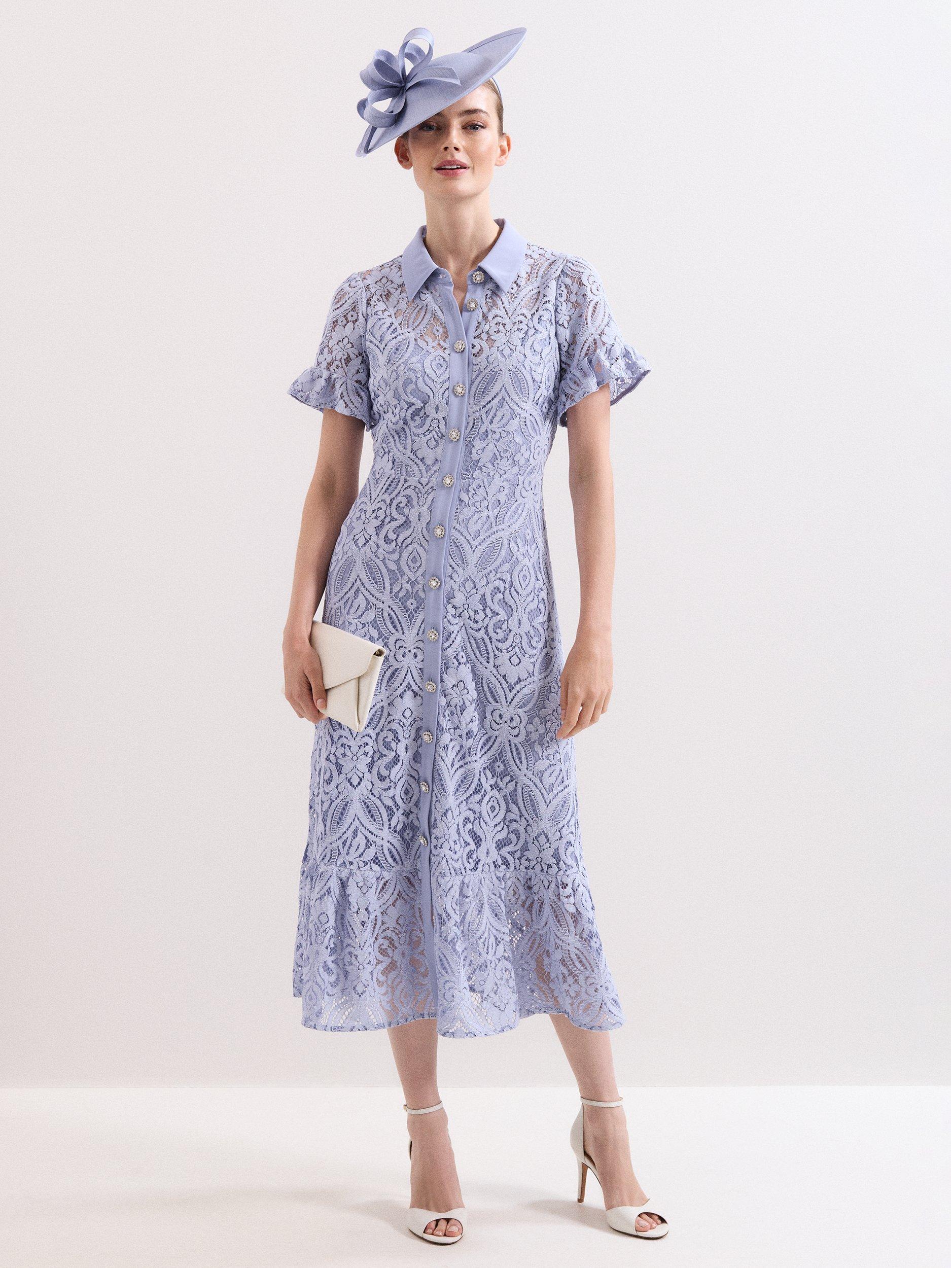 Product image 8 of 8, which shows Phase Eight Carmine Lace Midi Dress, Pale Blue, 10