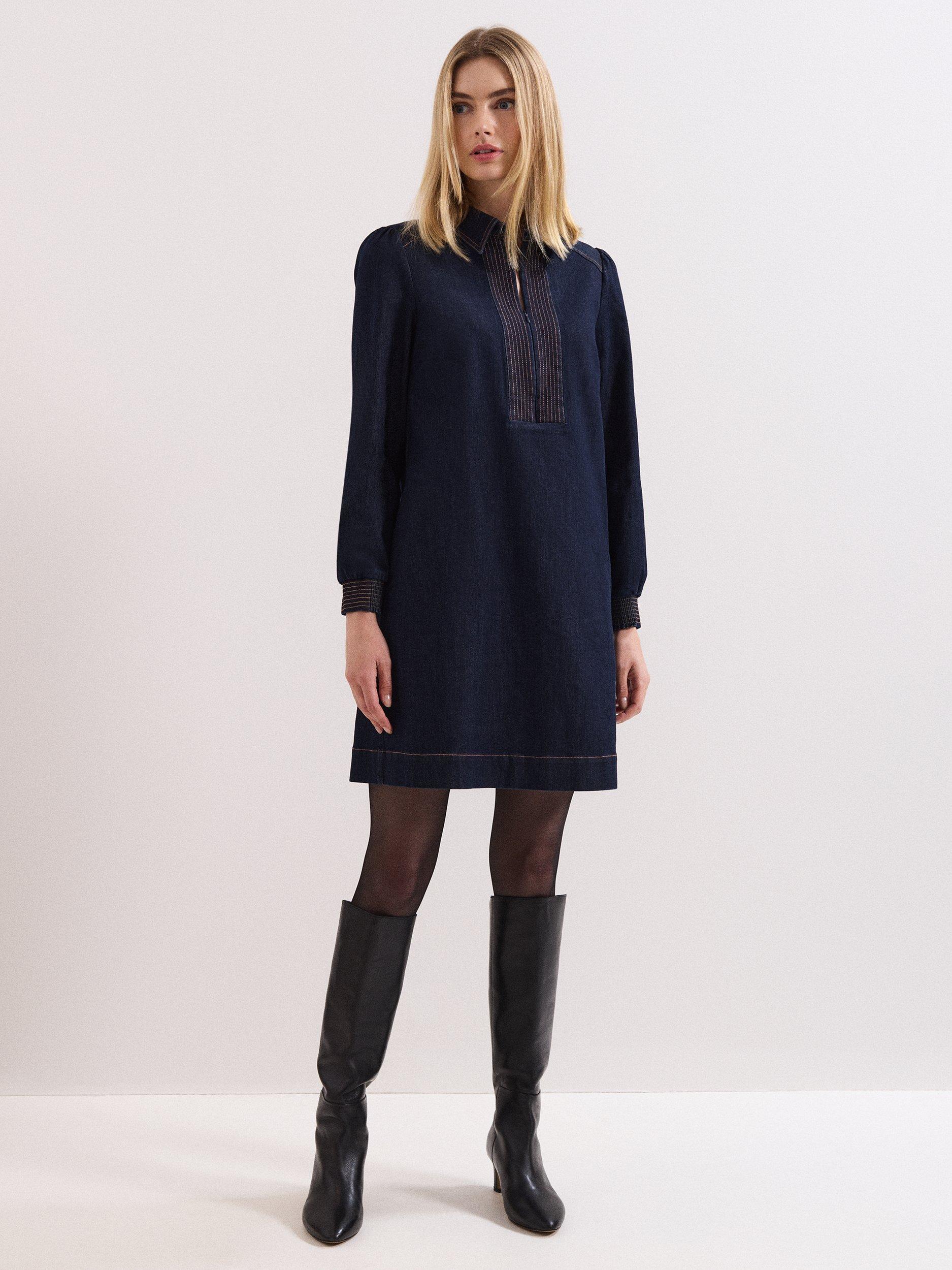 Product image 1 of 7, which shows Phase Eight Gabi Zip Neck Denim Tunic Dress, Indigo, 10