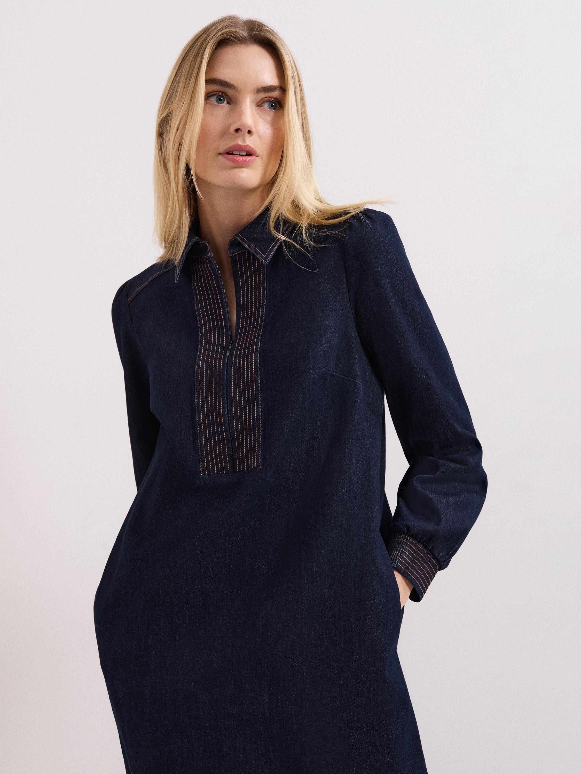 Product image 4 of 7, which shows Phase Eight Gabi Zip Neck Denim Tunic Dress, Indigo, 10
