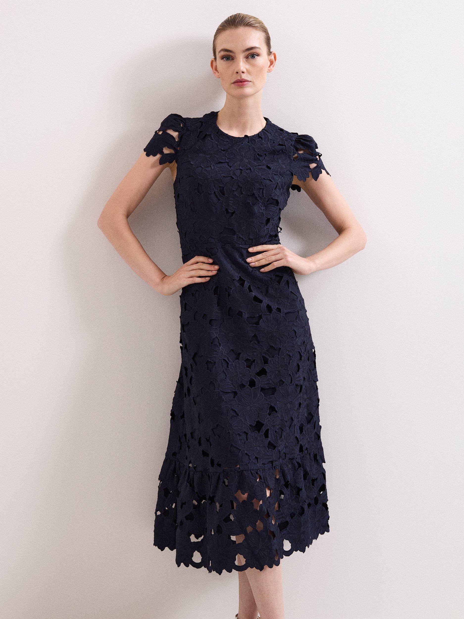 Product image 3 of 10, which shows Phase Eight Leilani Lace Midi Dress, Navy, 10