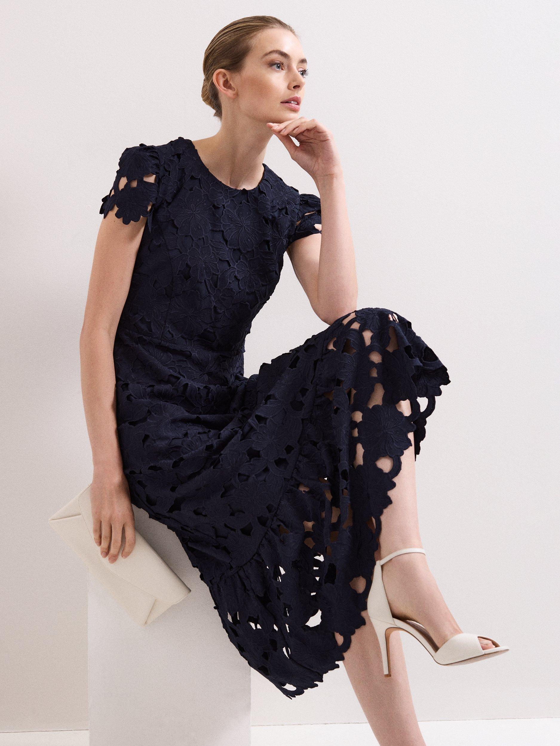 Product image 8 of 10, which shows Phase Eight Leilani Lace Midi Dress, Navy, 10
