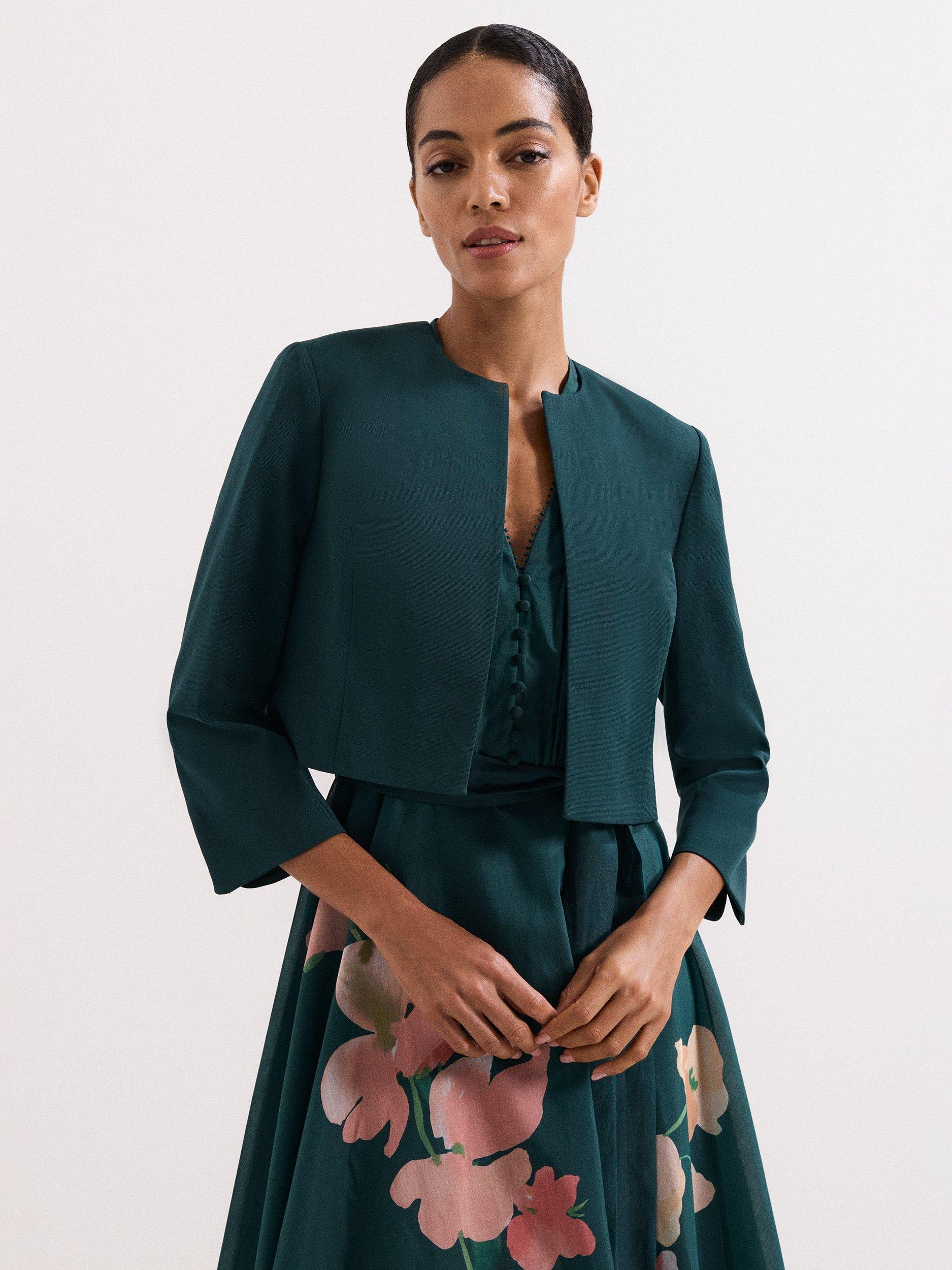 Product image 1 of 6, which shows Phase Eight Arlette Collarless Cropped Jacket, Teal, 10