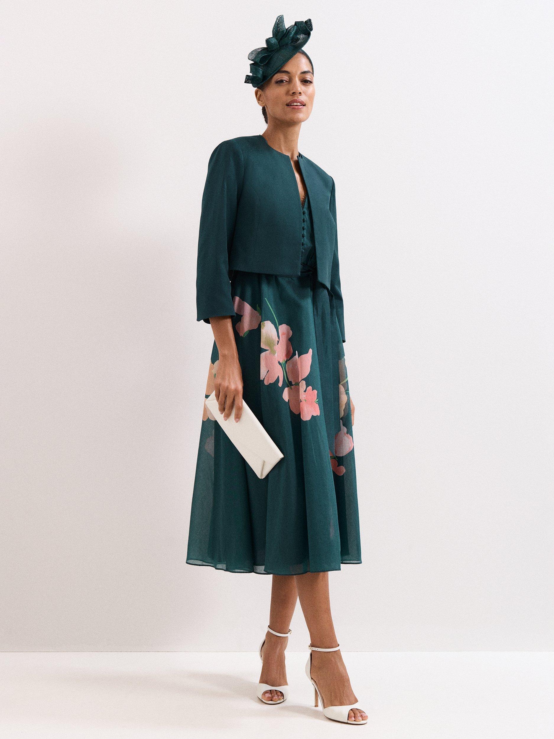 Product image 3 of 6, which shows Phase Eight Arlette Collarless Cropped Jacket, Teal, 10