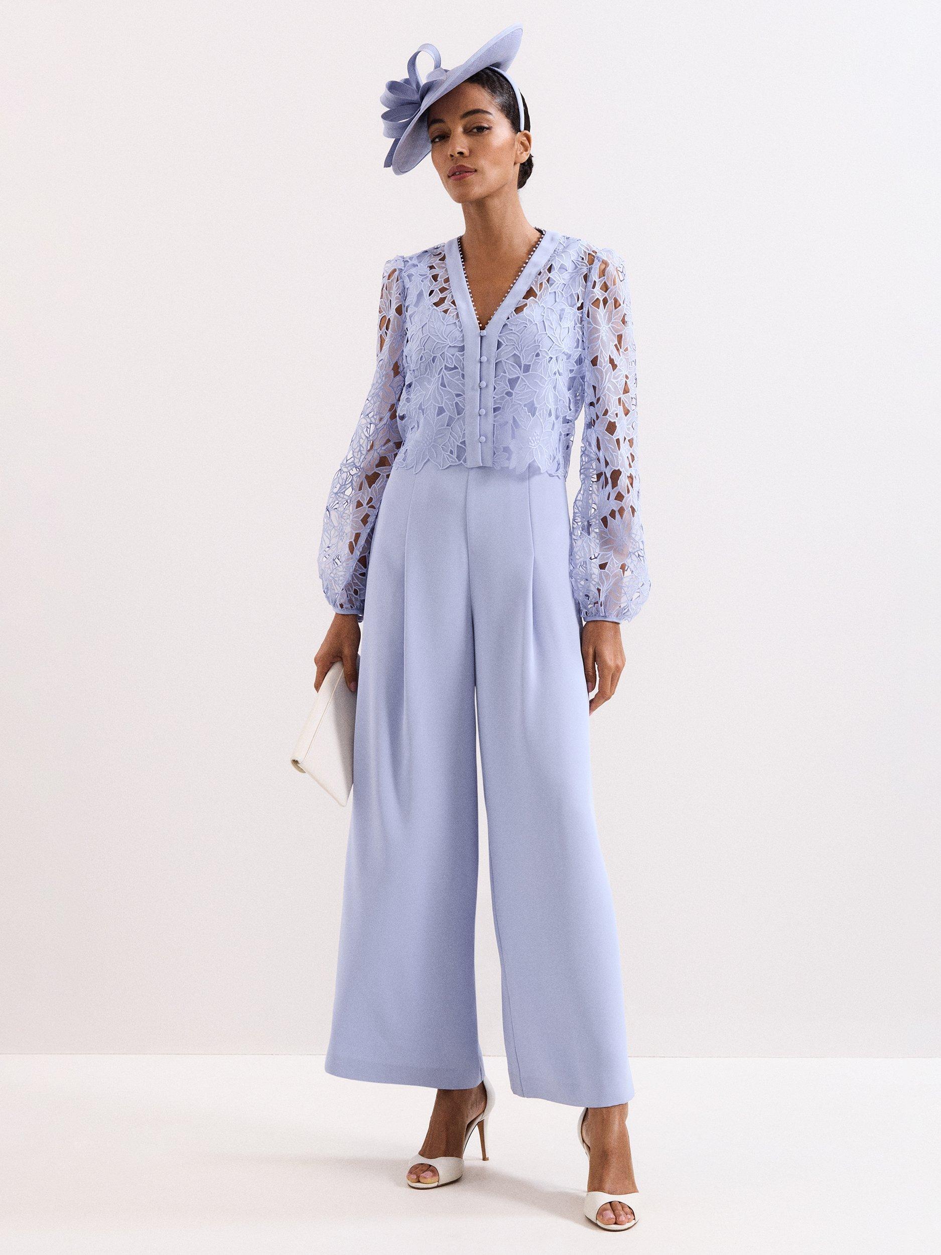 Product image 1 of 9, which shows Phase Eight Winona Lace Top Jumpsuit, Pale Blue, 10
