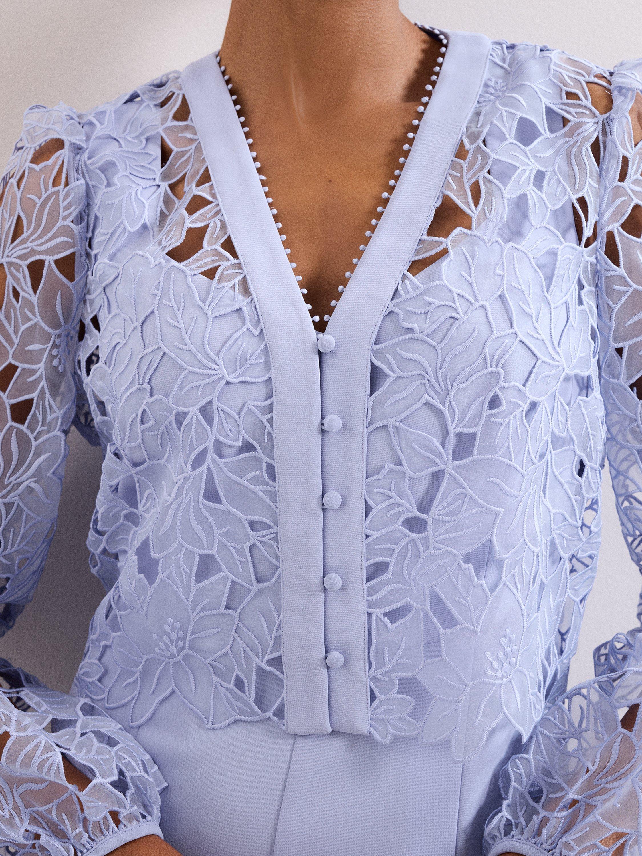 Product image 4 of 9, which shows Phase Eight Winona Lace Top Jumpsuit, Pale Blue, 10
